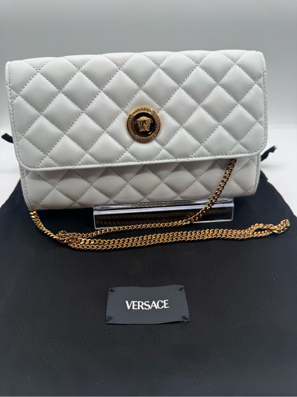 NWOT Versace White Quilted Leather wallet on a chain bag w/ COA